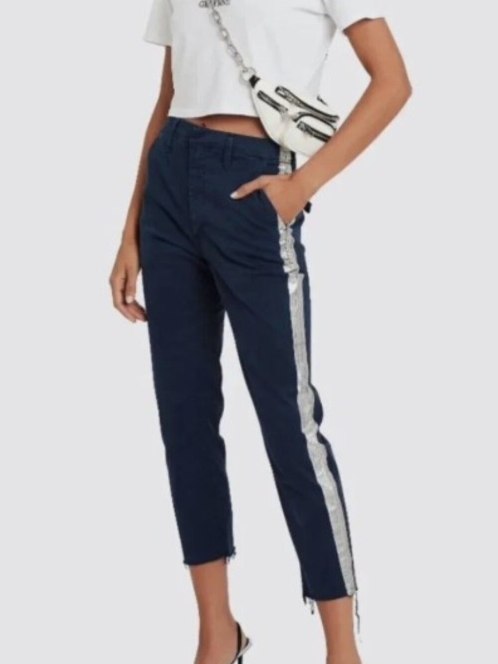 Mother High Rise Shaker Prep Fray Tuxedo Blue Silver Stripe Cropped Pants Sz 24